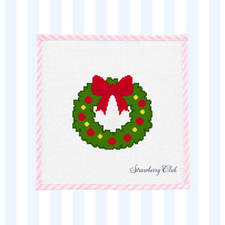 Green Christmas wreath with red bow printed needlepoint canvas, 18 mesh