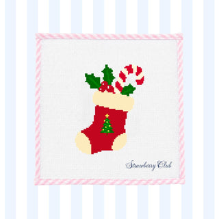 Mini red Christmas stocking with holly and candy cane printed needlepoint canvas, 18 mesh