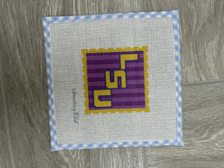 LSU stamp needlepoint canvas with gold letters on purple stripes, 13 mesh