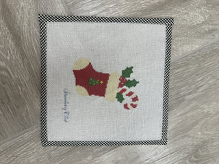 Mini Christmas stocking needlepoint canvas with holly and candy cane, 18 mesh