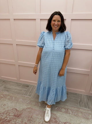 blue eyelet midi dress Hydrangea Eyelet Midi Dress