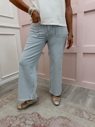 Mica Denim: Cropped High Rise Wide Leg - Striped Blue