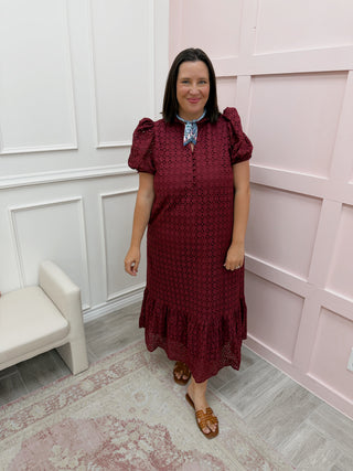 Hydrangea Eyelet Midi Dress - Burgundy