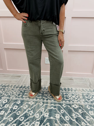 Risen: Mid Rise Olive Crop Wide Leg Jean