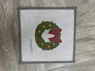 Christmas wreath needlepoint canvas with red bow, 18 mesh